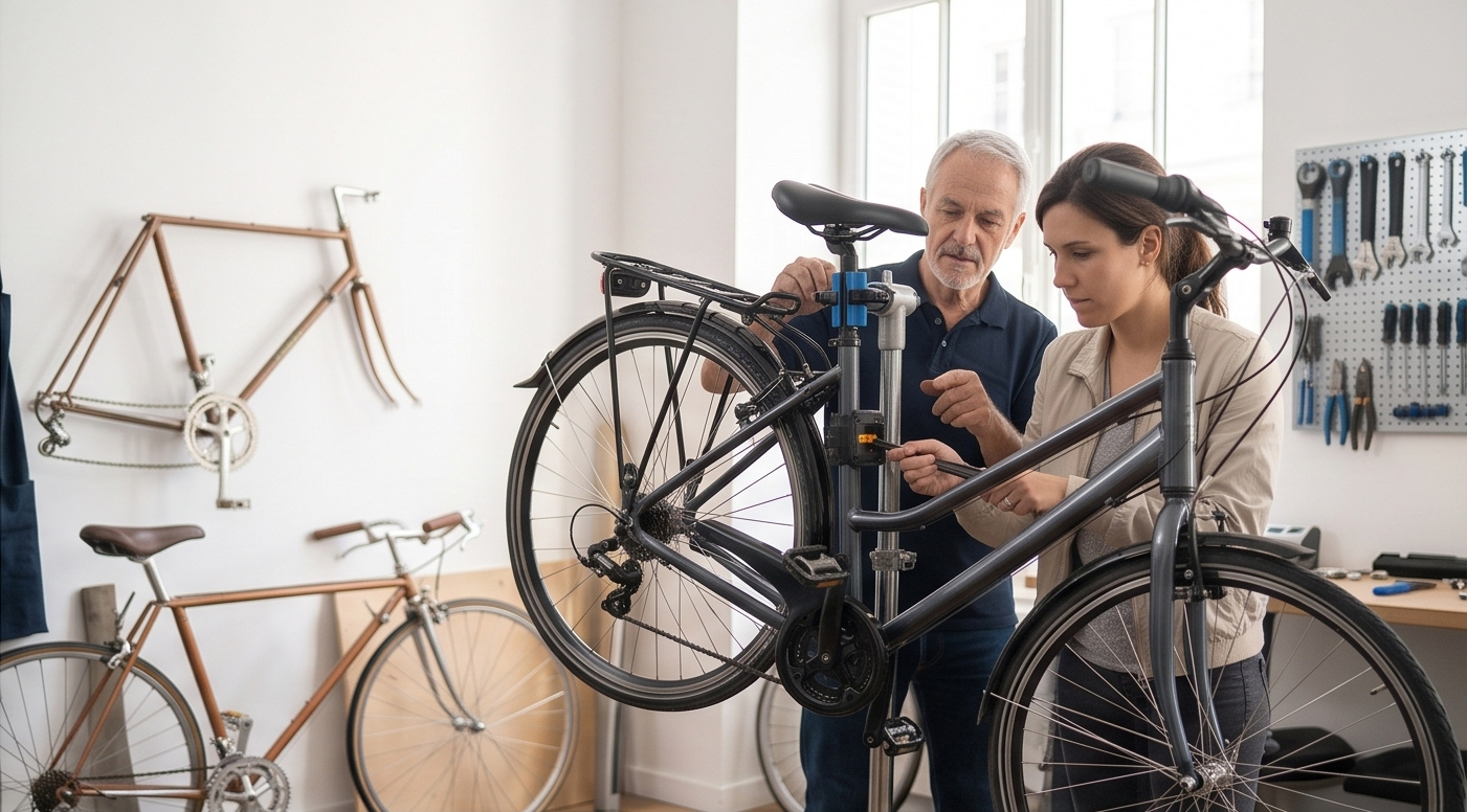 Une mère et son enfant se déplacent à vélo à Paris grâce à une solution de mobilité solidaire.