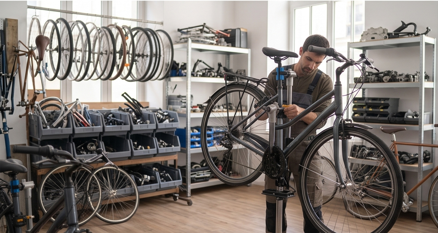 Un mécanicien accompagne la remise en état d'un vélo dans un atelier de réemploi solidaire.